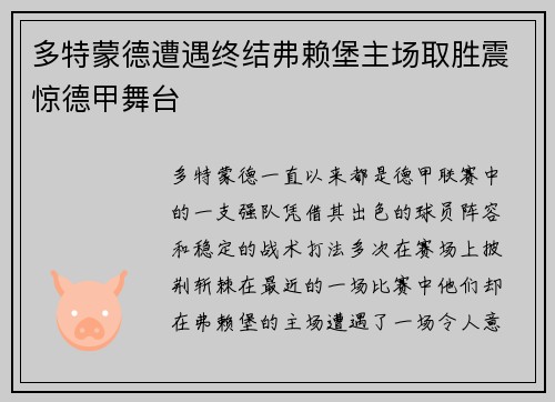 多特蒙德遭遇终结弗赖堡主场取胜震惊德甲舞台